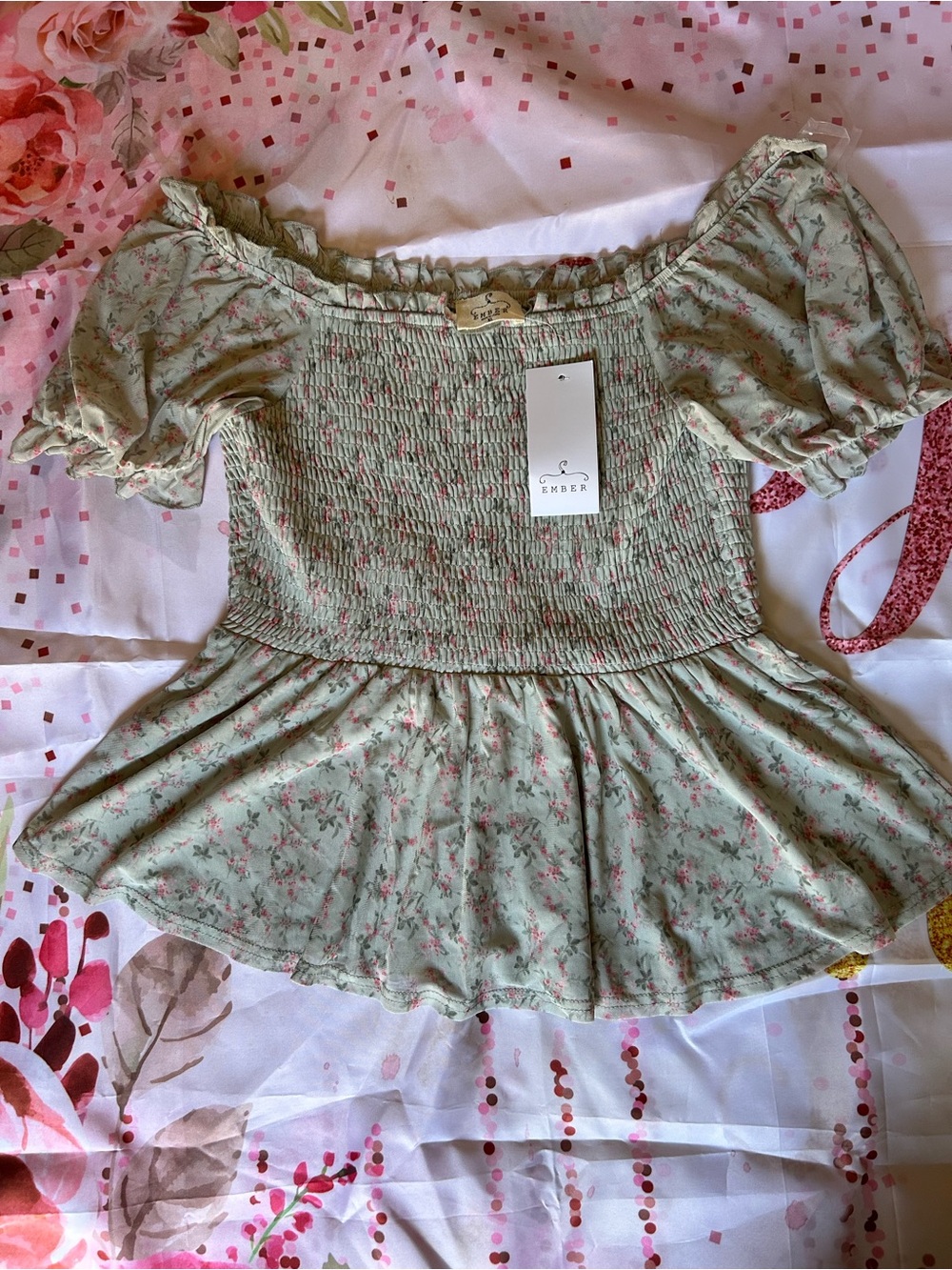Ember Smocked Floral Off-Shoulder Top in Sage with Pink Blossoms